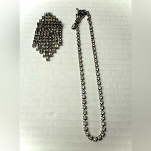 Vintage Tassel Rhinestone Drop Pin And Necklace Silver Ton Jewelry‎ Fashion